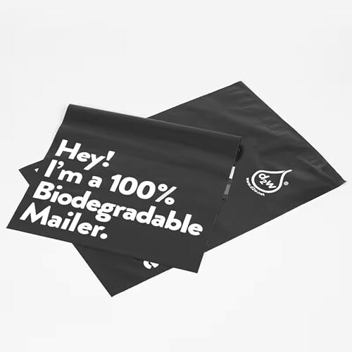 Biodegradable mailer with text 'Hey! I'm a 100% Biodegradable Mailer.'