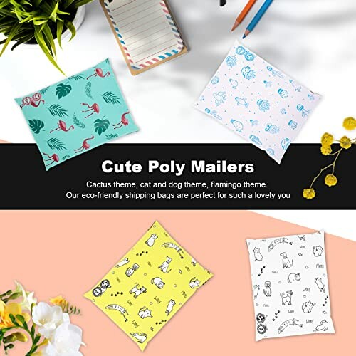 Four colorful poly mailers with cute patterns including flamingos, cats, dogs, and cacti.