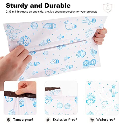 Hands holding a sturdy and durable packaging envelope with cactus and fruit design, showcasing tamperproof, explosion proof, and waterproof features.