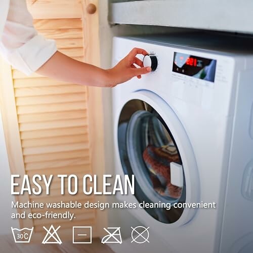 Person adjusting washing machine settings with text 'Easy to Clean'.