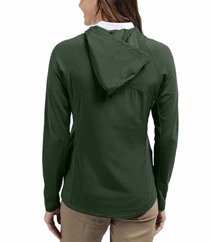 Back view of a person wearing a green hooded jacket.