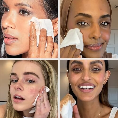 Collage of four women using wipes to remove makeup.