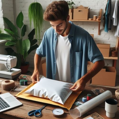 Man preparing a parcel in a workshop with plants and packaging materials.