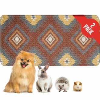 Pet-friendly rug set with small animals in front.