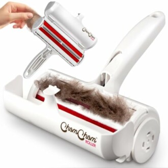 Pet hair remover roller with collected pet hair.