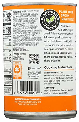 Back label of a plant-based chick'n soup can with nutritional facts and cooking instructions.