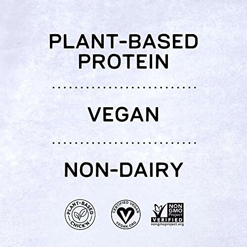 Plant-based protein, vegan, non-dairy labels with certification logos.