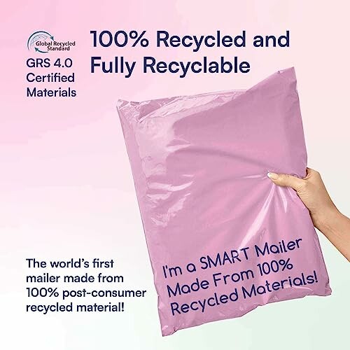 Purple mailer bag labeled 100% recycled and fully recyclable.